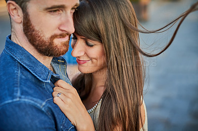 Buy stock photo Couple, smile and affection with love in marriage for romantic outdoor date, weekend and vacation. Man, woman and hug with connection in romance for holiday adventure, care and commitment together