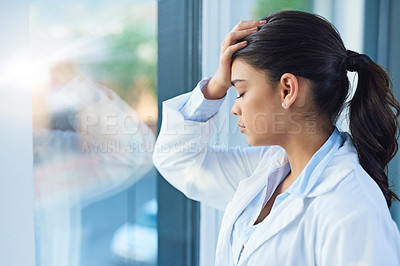 Buy stock photo Stress, doctor and woman by window in hospital with worry, anxiety and tired with headache in clinic. Healthcare, mental health and sad female health worker with stressed out, depression and burnout