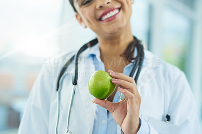 Buy stock photo Hands, doctor and smile of woman with apple for nutrition, healthy diet and wellness. Medical professional, nutritionist  and fruit for vitamin c, healthcare or natural food for vegan health benefits