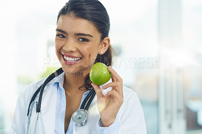 Buy stock photo Doctor, portrait and smile of woman with apple for healthy diet, nutrition or wellness mockup. Face, nutritionist and medical person with fruit for advice, healthcare and food for health benefits.