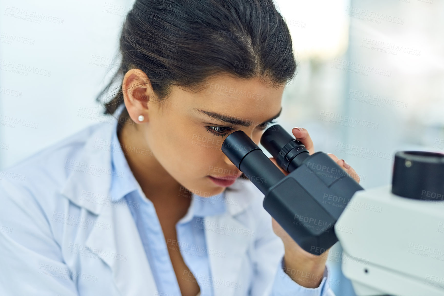 Buy stock photo Research, woman and scientist with microscope in lab for medical study. Healthcare, science and female doctor with scope equipment for sample analysis, particle testing and laboratory experiment.