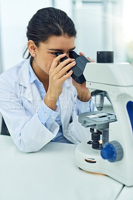 Buy stock photo Research, woman and scientist with microscope in laboratory for medical study. Healthcare, science and female doctor with scope equipment for experiment analysis, particle test and investigation.