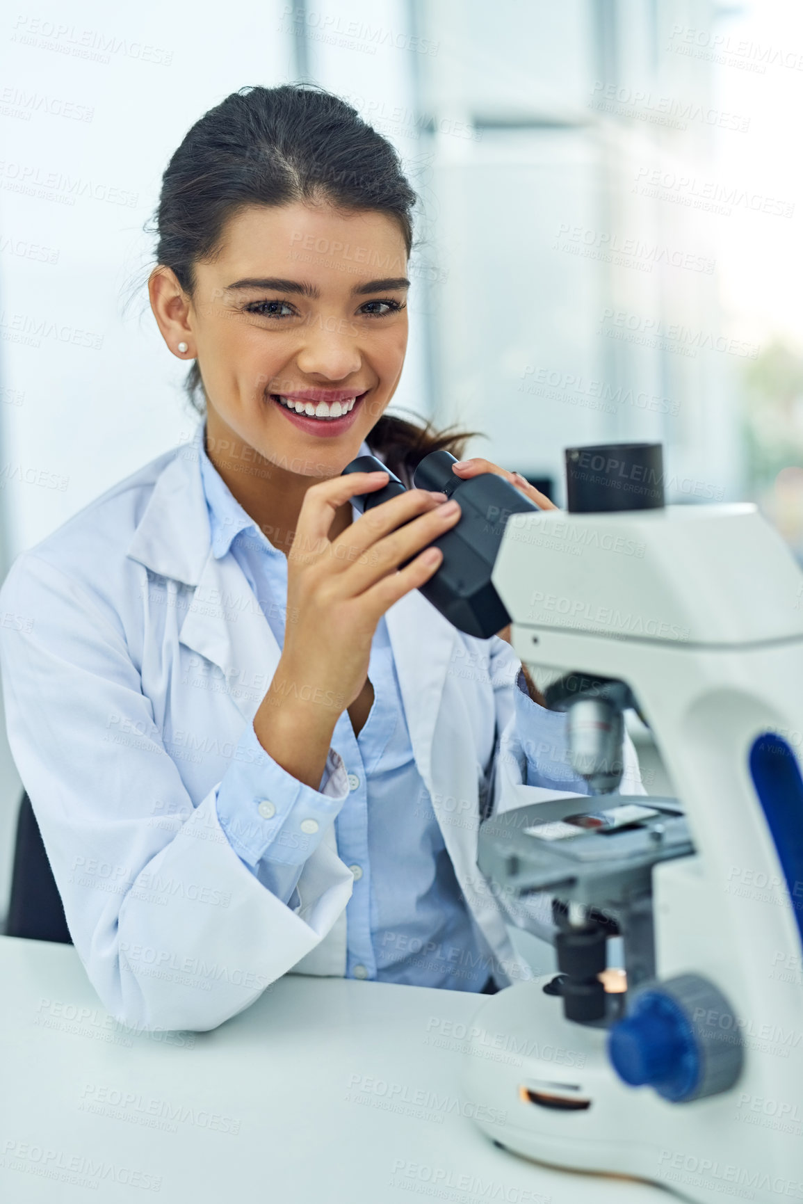 Buy stock photo Portrait, woman and scientist smile with microscope in laboratory for medical research. Face, science and female doctor with dna equipment for experiment analysis, particle test and investigation.