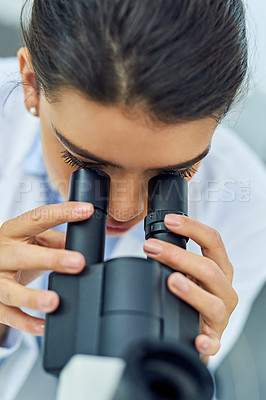 Buy stock photo Research, woman and scientist with microscope top view in lab for medical study. Healthcare, science and female doctor with scope equipment for experiment analysis, particle test and investigation.
