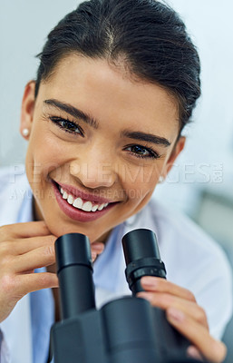Buy stock photo Face, woman and scientist smile with microscope in lab for medical research. Happy, science portrait and female doctor with DNA experiment and analysis, particle test and future investigation