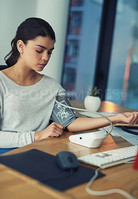 Buy stock photo Woman, monitor and blood pressure in office for healthcare, chronic disease and medical pump for hypertension. Manager, stress management and cardiology machine for patient, employee and test result