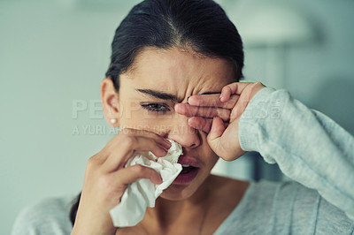 Buy stock photo Sick, tired and woman blowing nose with tissue in home for flu, cold or covid virus. Medical, sneeze and portrait of female person with toilet paper for allergies, sinus or illness in at apartment.