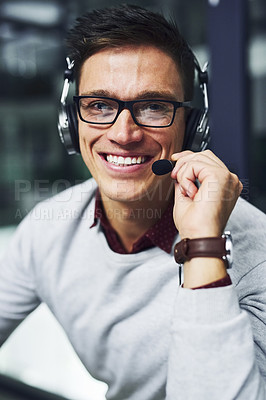Buy stock photo Call center, portrait and man with headset in office for customer care, advisory and help to clients. Happy, business agent and smile with mic at work for IT support, telecom and online consulting