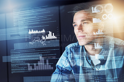 Buy stock photo Programming, hologram and man with code, coding and data analysis with graphs, charts and online reading. Male person, employee or programmer with concentration, holographic or research for software