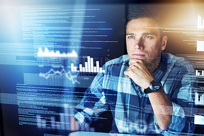 Buy stock photo Programmer, hologram and man with focus, cyber security and data analysis with coding, website information or futuristic. Male person, employee or coder with concentration, holographic or programming