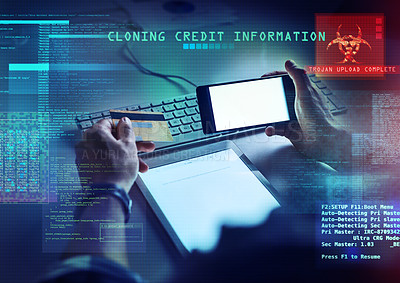 Buy stock photo Cyber security, hacking and credit card fraud with cgi, special effects and digital overlay of the hands of a man cloning a bank account and stealing money, finance or information from an online fund