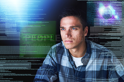 Buy stock photo Hacker, hologram and man with focus, database and digital software with cyber security, coding and research. Male person, programmer or coder with data analysis, holographic and connection for server