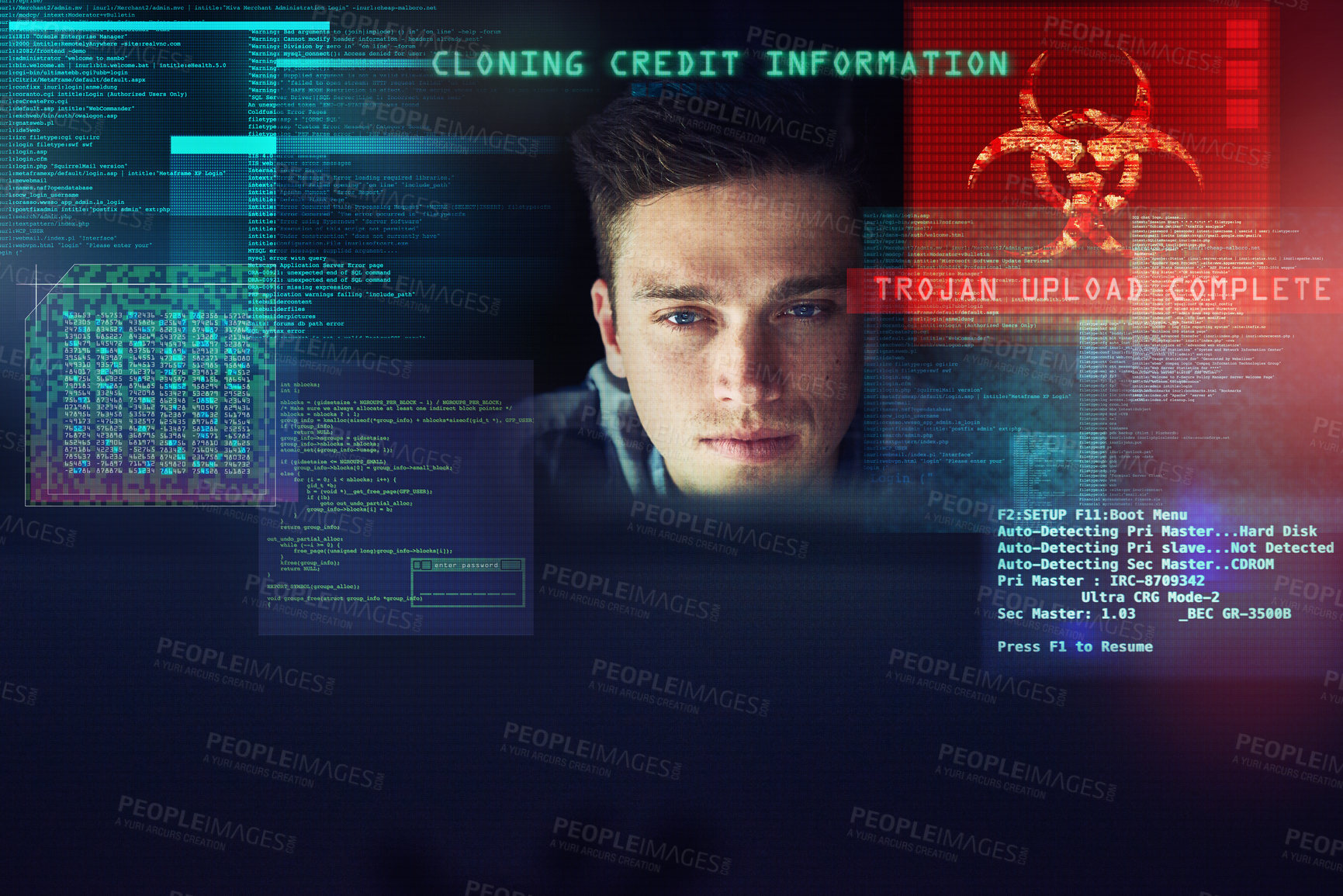 Buy stock photo Hacking, cybersecurity and man with malware programming overlay for online data, analysis or firewall for crypto trade. Software, hologram and web hacker with virtual network system in dark office