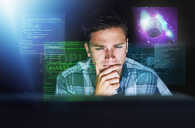 Buy stock photo Cropped shot of a handsome young male hacker at work