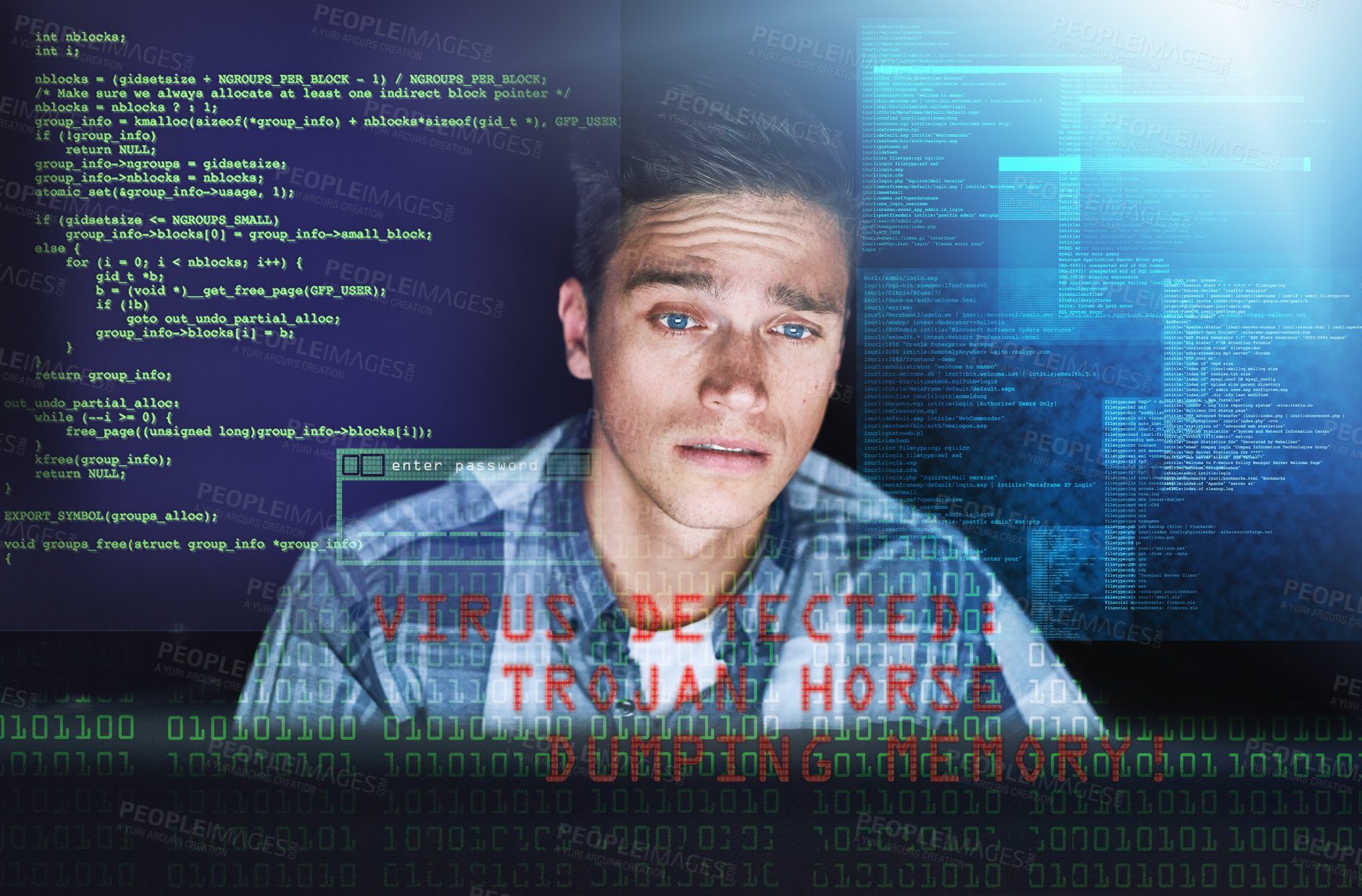 Buy stock photo Office, cybersecurity and man with virus data overlay for online metrics, firewall or stress for crypto trade. Software, hacking and web analist with malware, virtual hologram or network system