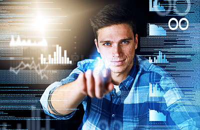 Buy stock photo Programmer or engineer working with CGI graphic of data, graphs and charts. Portrait face of an information technology software designer showing business marketing growth, development and innovation