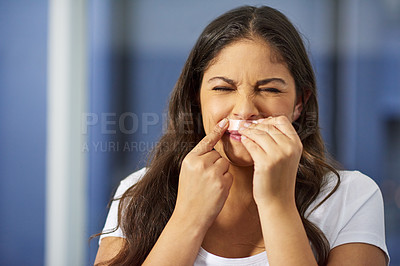 Buy stock photo Shot of an attractive young woman getting ready in her bathroom