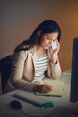 Buy stock photo Business woman, notebook and phone call for networking, planning and client communication in office. Employee, notes and mobile conversation at night for project deadline, research or progress update