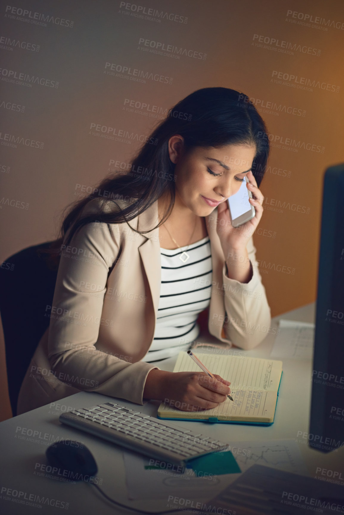 Buy stock photo Business woman, notebook and phone call for networking, planning and client communication in office. Employee, notes and mobile conversation at night for project deadline, research or progress update