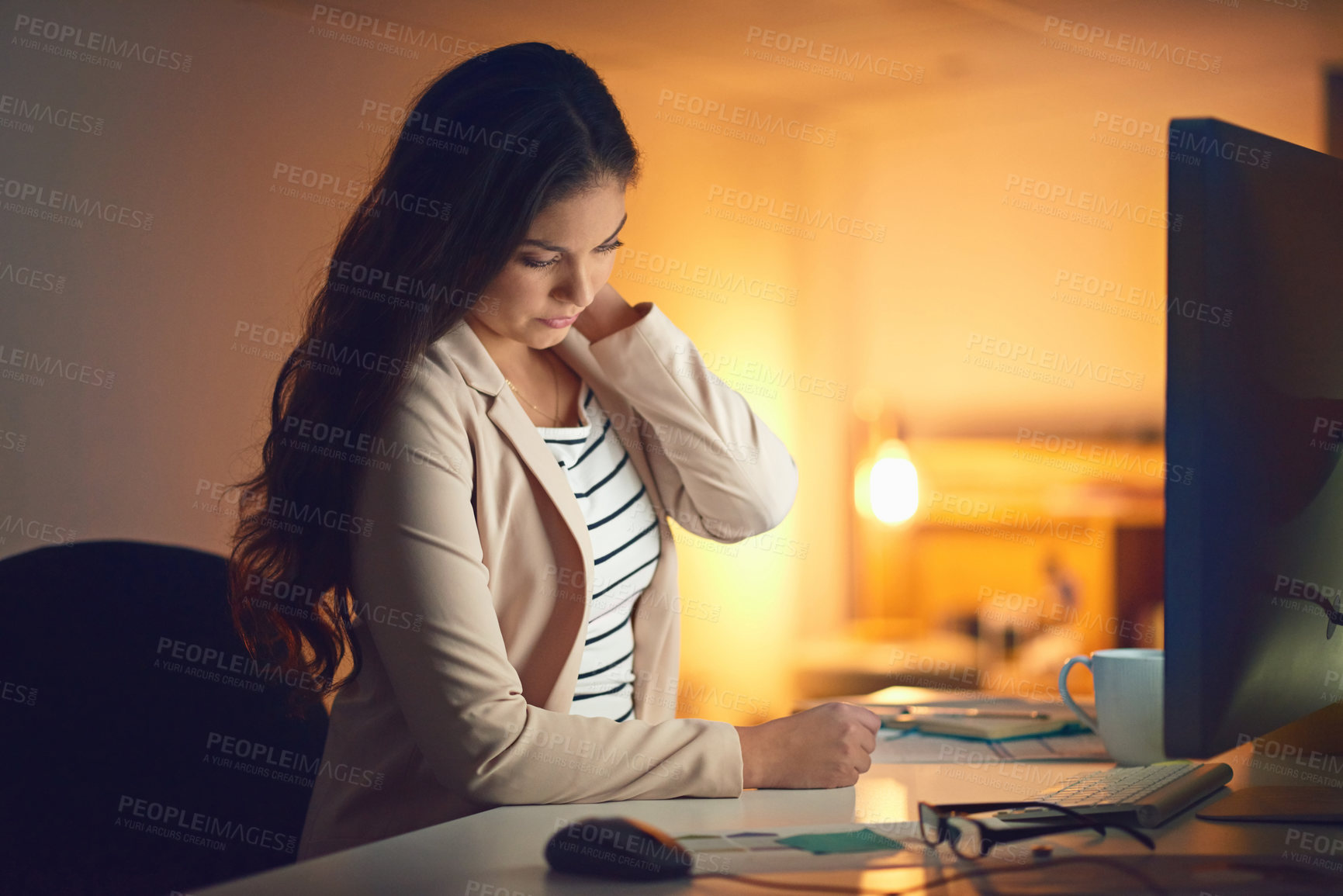 Buy stock photo Business woman, neck pain and massaging in working late, fatigue and overworked in office. Female person, night and strain as researcher in digital agency or company as creative in burnout or stress