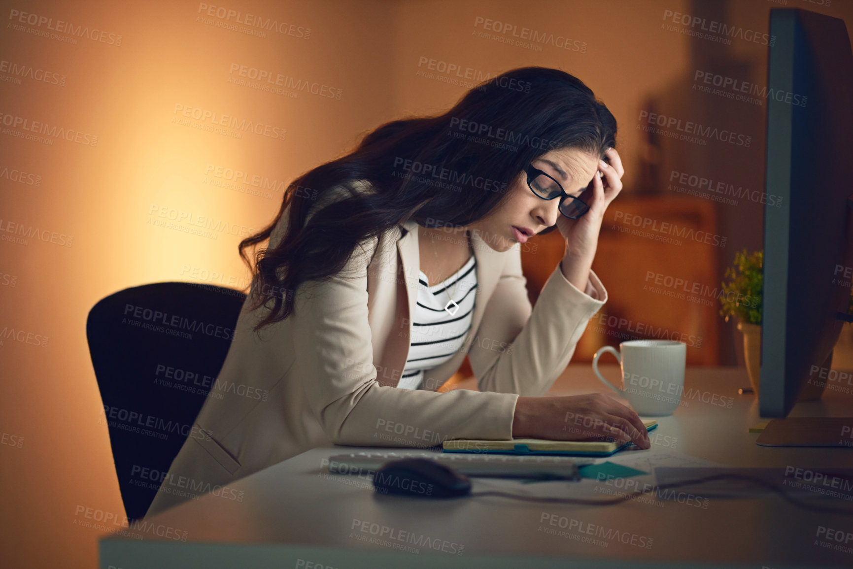 Buy stock photo Business woman, fatigue and sleeping with working late, tired and overworked in dark office. Female person,  night and rest as researcher in digital agency or company as creative in burnout or stress