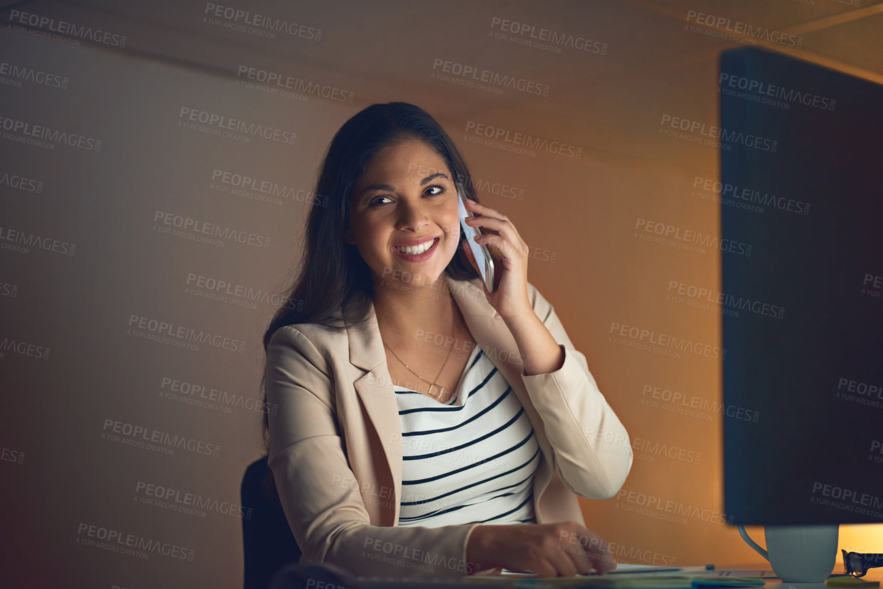 Buy stock photo Woman, phone call and night for planning in office, global communication and project management. Female person, journalist and talking to contact for quote, article deadline and website for overtime