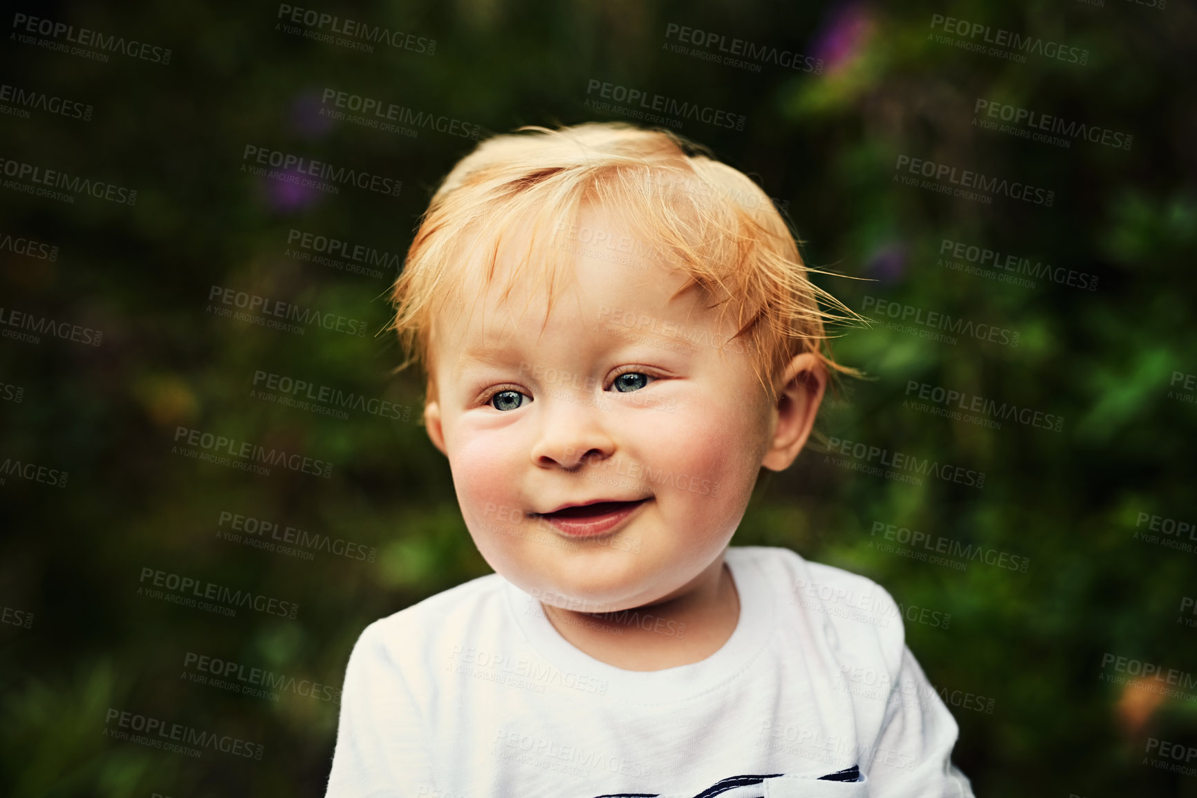 Buy stock photo Smile, boy and child thinking outdoor in garden for game, playing and relax on holiday in nature. Park, young toddler and happy kid daydreaming on vacation, adorable and cute in summer on weekend