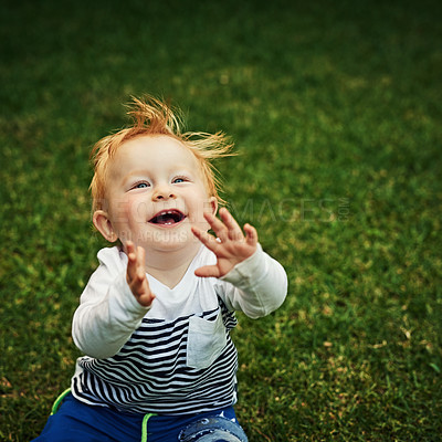 Buy stock photo Shot of an adorable little boy playing in the backyard