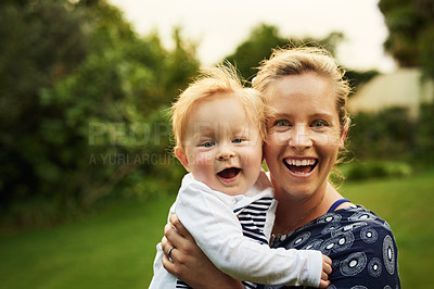 Buy stock photo Outdoor, park and mom with baby, smile and bonding in nature, family and happy on mothers day and love. Summer, cute toddler and motherhood for woman, joy and parent with boy, portrait and Ireland