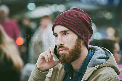 Buy stock photo Man, phone call and talking at bus station, outdoor travel and waiting for public transport at metro. Male person, communication app and speaking in urban city, New York traveler and journey commute