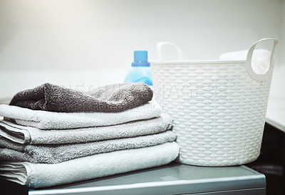 Buy stock photo Still life shot of linen and a laundry basket on a washing machine