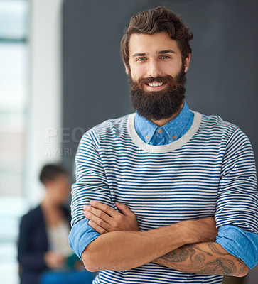 Buy stock photo Portrait, smile and business man with arms crossed in startup office for career, job or pride in France. Face, happy professional or confident entrepreneur, employee or creative copywriter in company