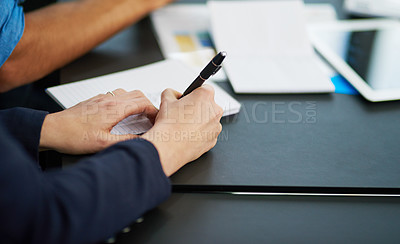 Buy stock photo Person, hand and pen with paper for sign, agreement and writing for note taking, deal and idea for professional career. Pen, stationery and write for paperwork or document in office desk on mockup 