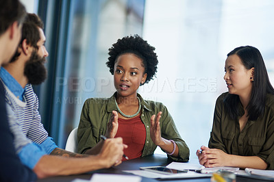 Buy stock photo Business woman, office and work staff for creative project, career planning or strategy collaboration for profession. Diversity, speaker and talking for creativity, teamwork or meeting success