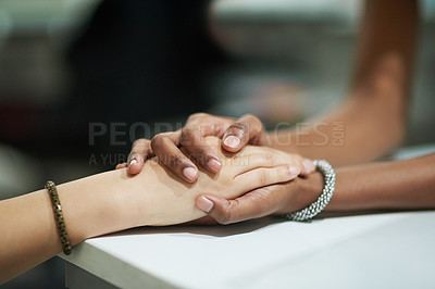 Buy stock photo Sympathy, support and people holding hands, counseling and therapy for grief, trauma and compassion with loss. Prayer, friends and closeup with crisis, stress and empathy with respect and kindness