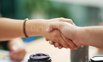 Buy stock photo Business, closeup and partnership by desk with handshake for teamwork, collaboration and deal with startup or project. Welcome, interview and contract for hiring, recruitment and human resources