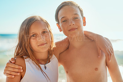 Buy stock photo Children, portrait and outdoor hug at beach, travel and holiday trip to ocean for childhood fun. Kids, siblings and embrace for love or support in nature, bonding and vacation on tropical island