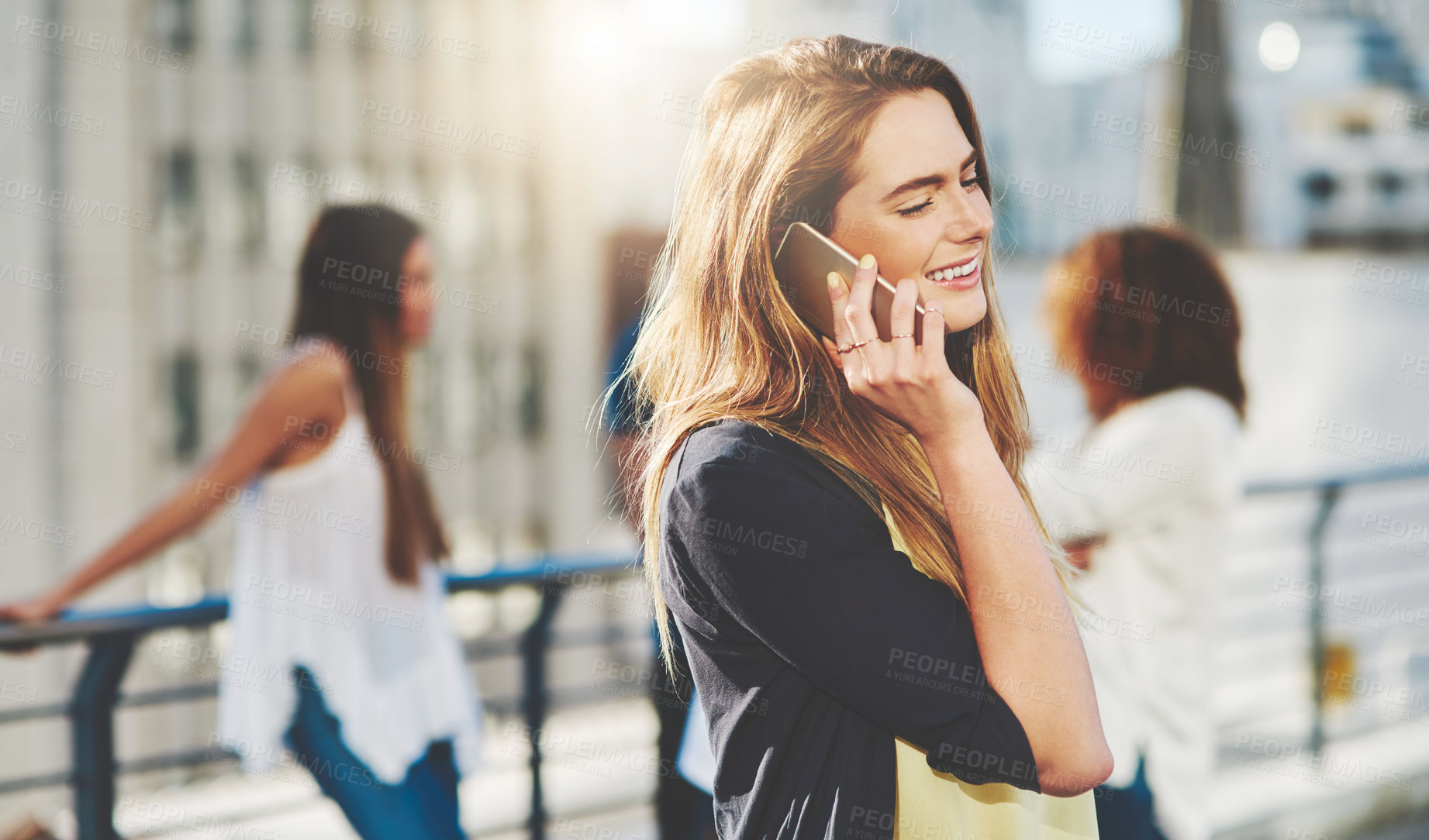 Buy stock photo City, woman and smile with phone call for listening, gossip and online communication with contact. Outdoor, female person and happy with mobile for discussion, friendly chat and conversation by flare