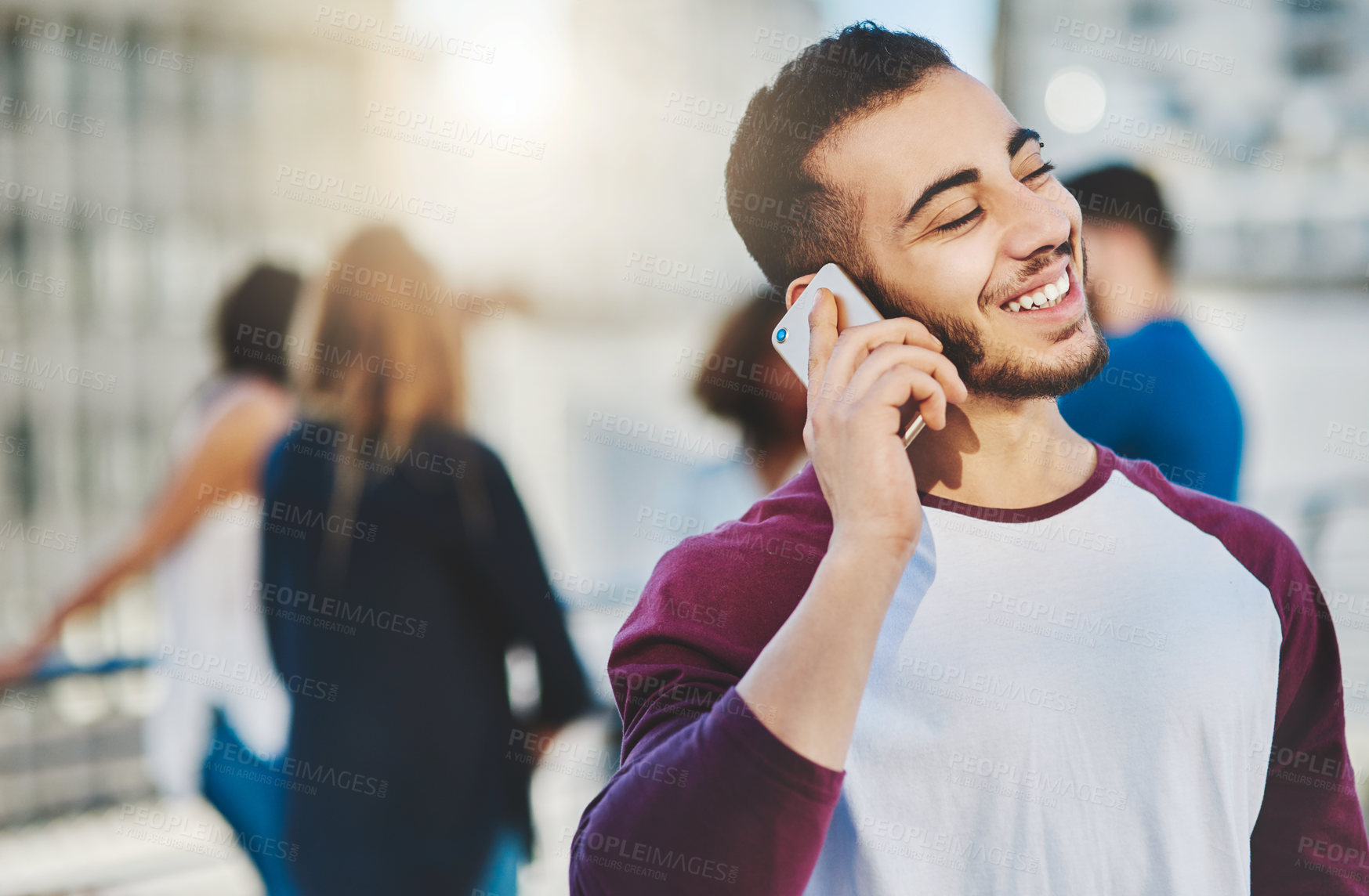 Buy stock photo City, man and listening with phone call for conversation, smile and digital communication with contact. Outdoor, male person and happy with mobile for connection, friendly chat and talking by flare