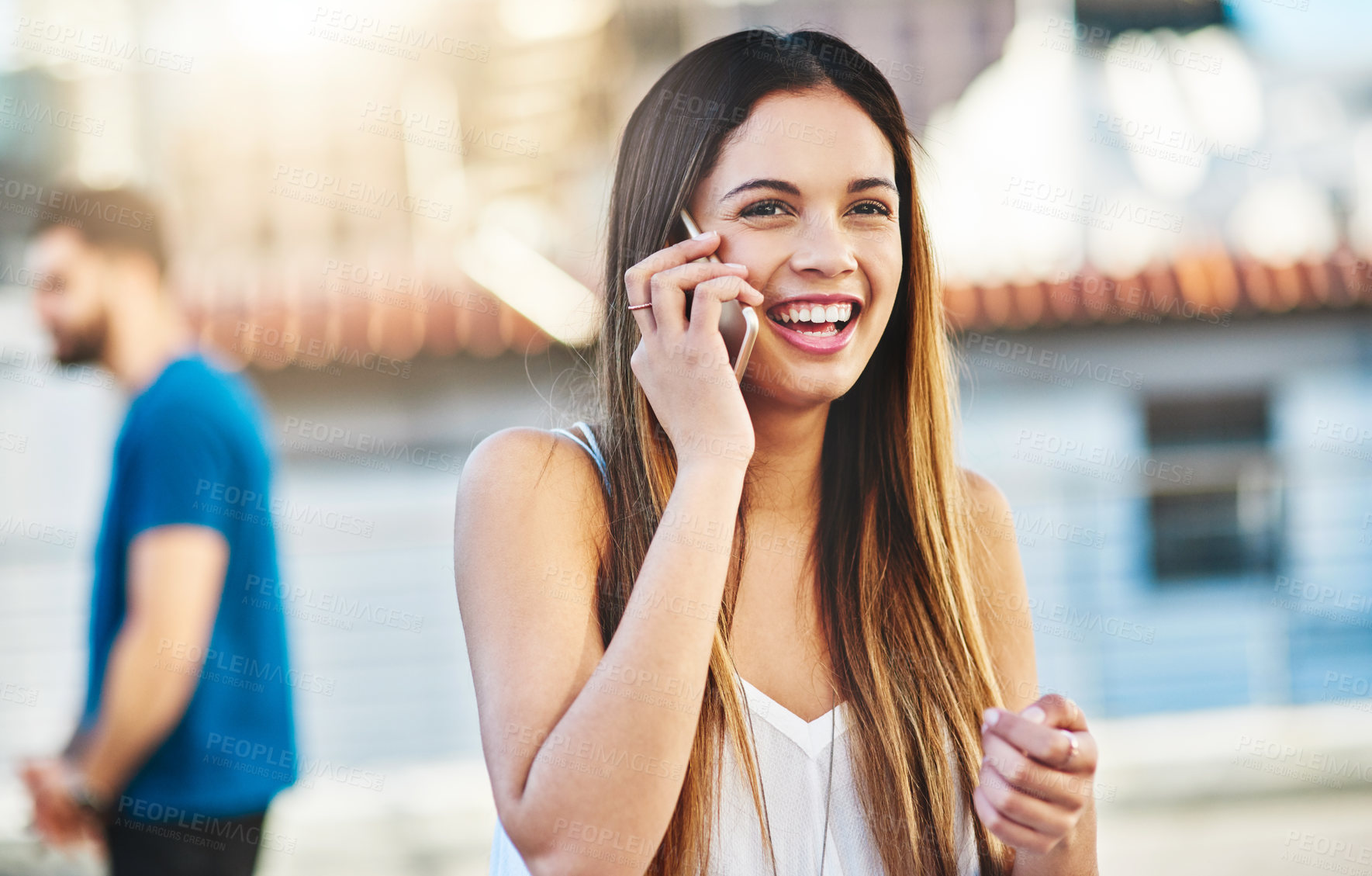 Buy stock photo City, woman and laughing with phone call for chat, happy and funny communication with contact. Outdoor, female person and smile with mobile gossip for conversation, friendly talking and connectivity