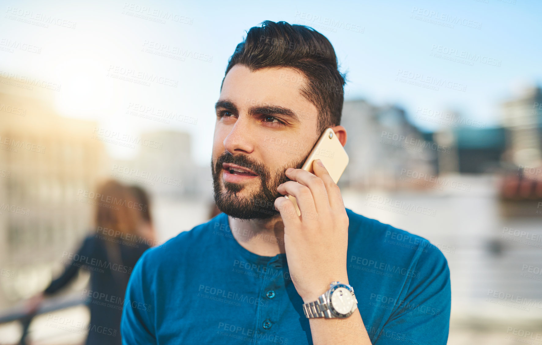 Buy stock photo City, man and thinking with phone call for talking, gossip and online communication with contact. Outdoor, male person and listening with mobile for ideas, friendly chat and conversation with hello