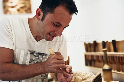 Buy stock photo Wood, sculpture and man with art in workshop for tools, woodworking and designer. Process, carpentry and project with artisan woodcarver for museum gallery, decoration and sculptor craftsmanship