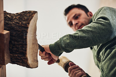 Buy stock photo Cropped shot of an artist carving something out of wood