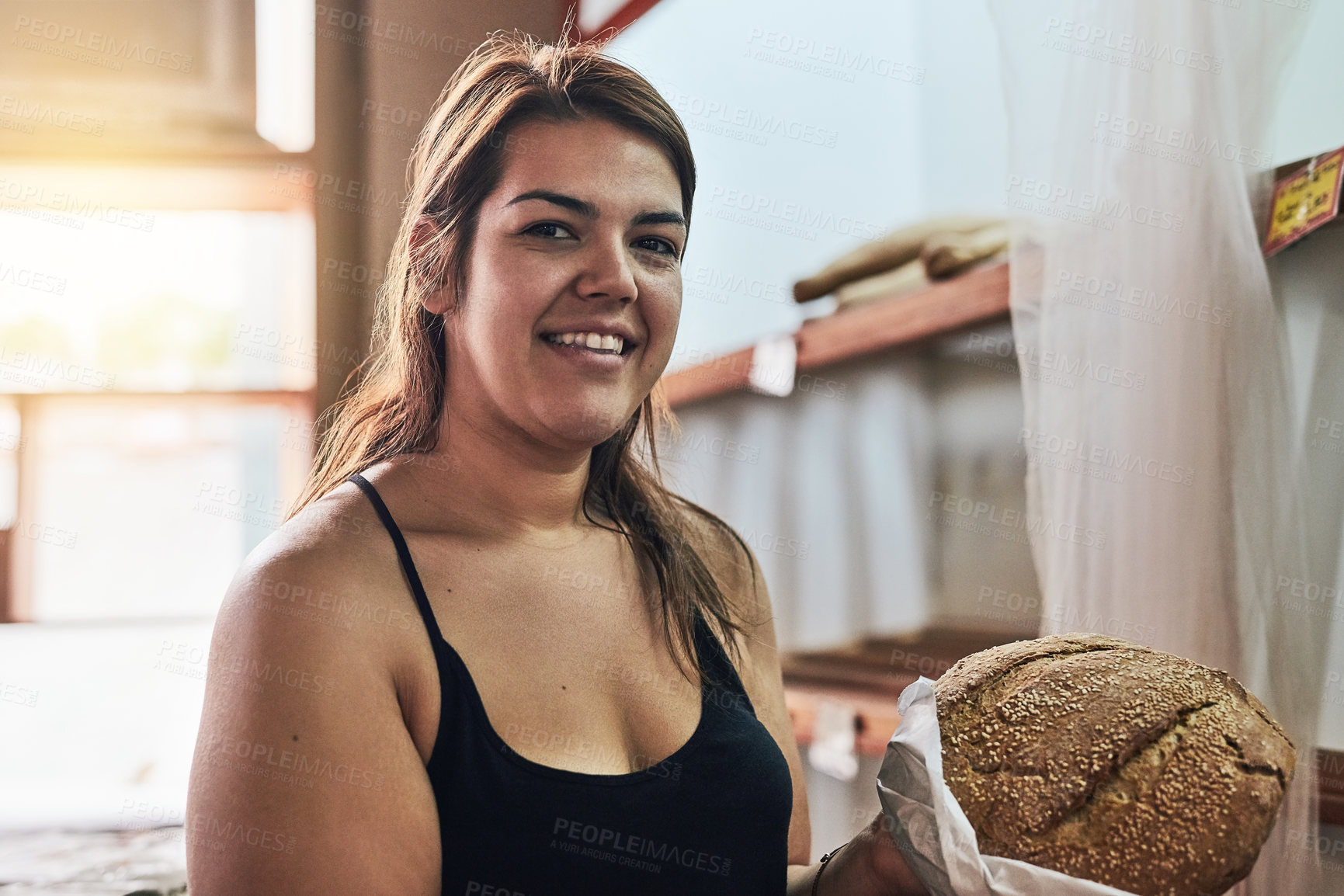 Buy stock photo Cafe, bread and portrait of woman in store for small business, entrepreneur and restaurant. Coffee shop manager, barista and waitress with person in bakery for food service, server and hospitality