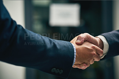 Buy stock photo Handshake, deal and successful merger closeup after agreement. Professional people building a career and relationship with trust. Formal business gesture after meeting or welcome greeting.

