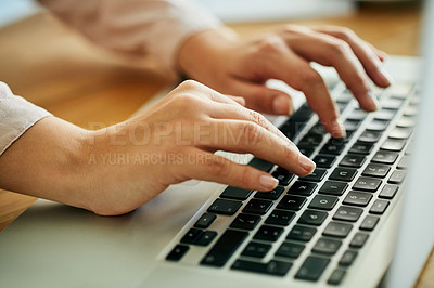 Buy stock photo Woman typing on a laptop keyboard working on a report, email or online research for website about us information. A productive female marketing analyst hands doing seo data work with modern software