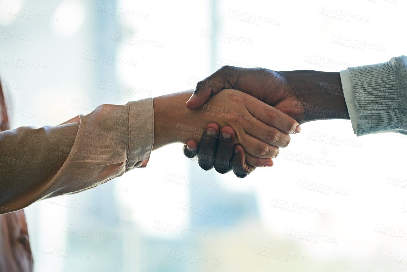 Buy stock photo Closeup, business people and handshake to welcome to office, hello and greeting. Shaking hands, deal and team in agreement for collaboration, b2b partnership and negotiation success with pr officer