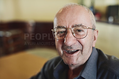 Buy stock photo Home, selfie and portrait of senior man with happiness for pension plan payout for finance. Smile, glasses and elderly male person with photography picture for excitement of retirement at house.