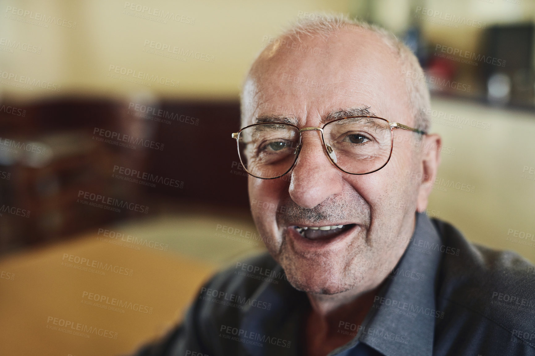 Buy stock photo Home, selfie and portrait of senior man with happiness for pension plan payout for finance. Smile, glasses and elderly male person with photography picture for excitement of retirement at house.