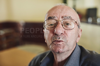 Buy stock photo Portrait, glasses and senior man in retirement, home and  elderly with social security, pension and benefits. House, confident and mature person with eyewear, relax and free time in living room